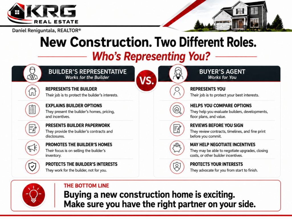 Comparison of builder representative and buyer agent roles when purchasing new construction, prepared by Daniel Reniguntala, REALTOR.